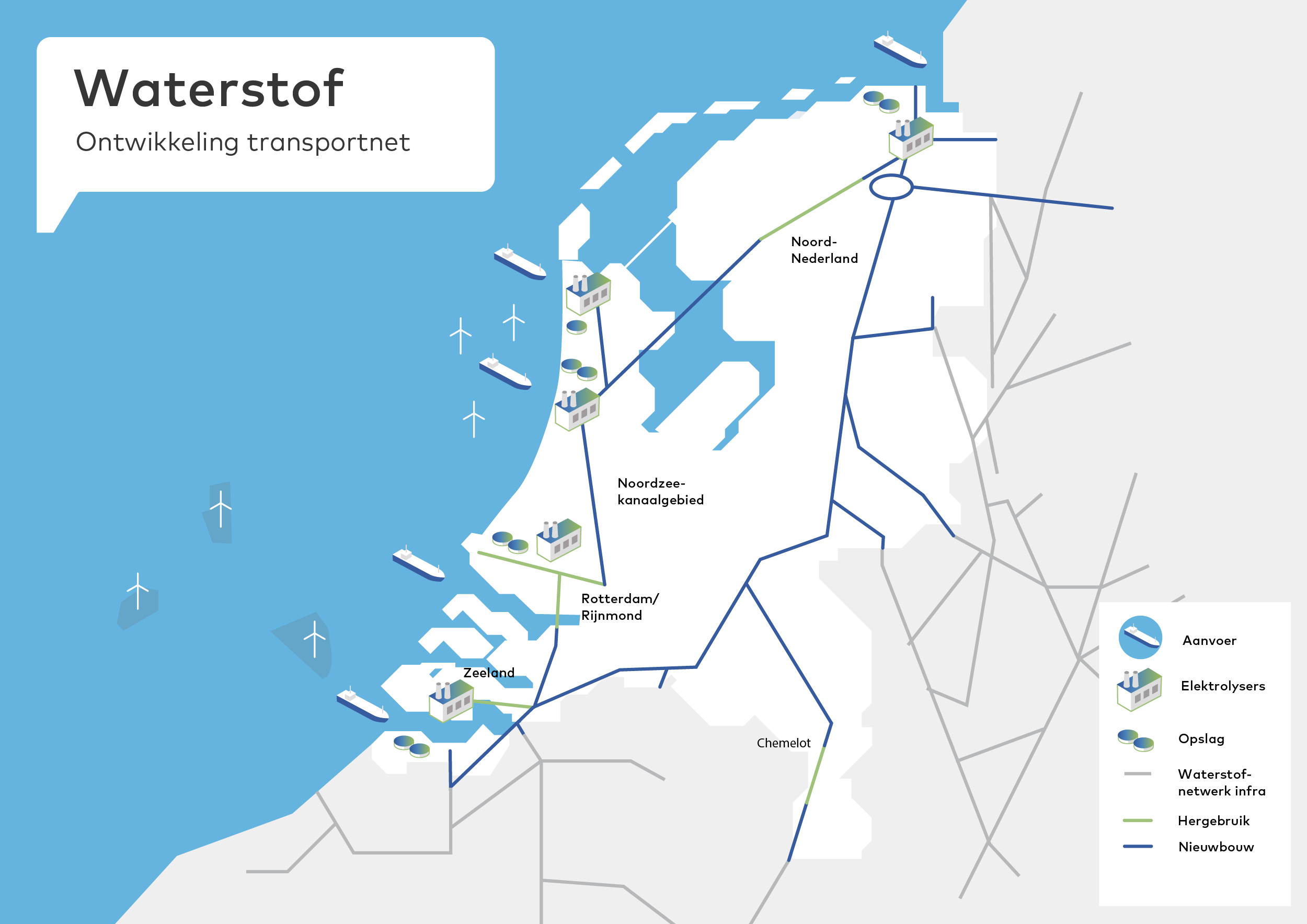 Tekening van Nederland met daarop de waterstofnetwerken.