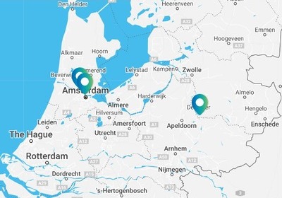 Kaart van Nederland met waterstofdistributienet erop.