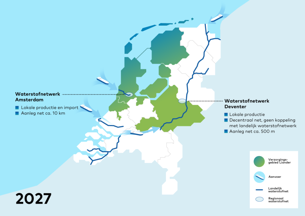 Tekening van Nederland met regionale waterstofnetwerken 2027 erin.