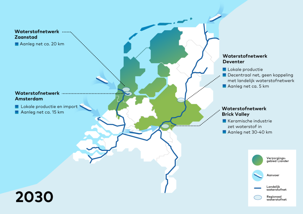 Tekening van waterstofnetwerken in 2030
